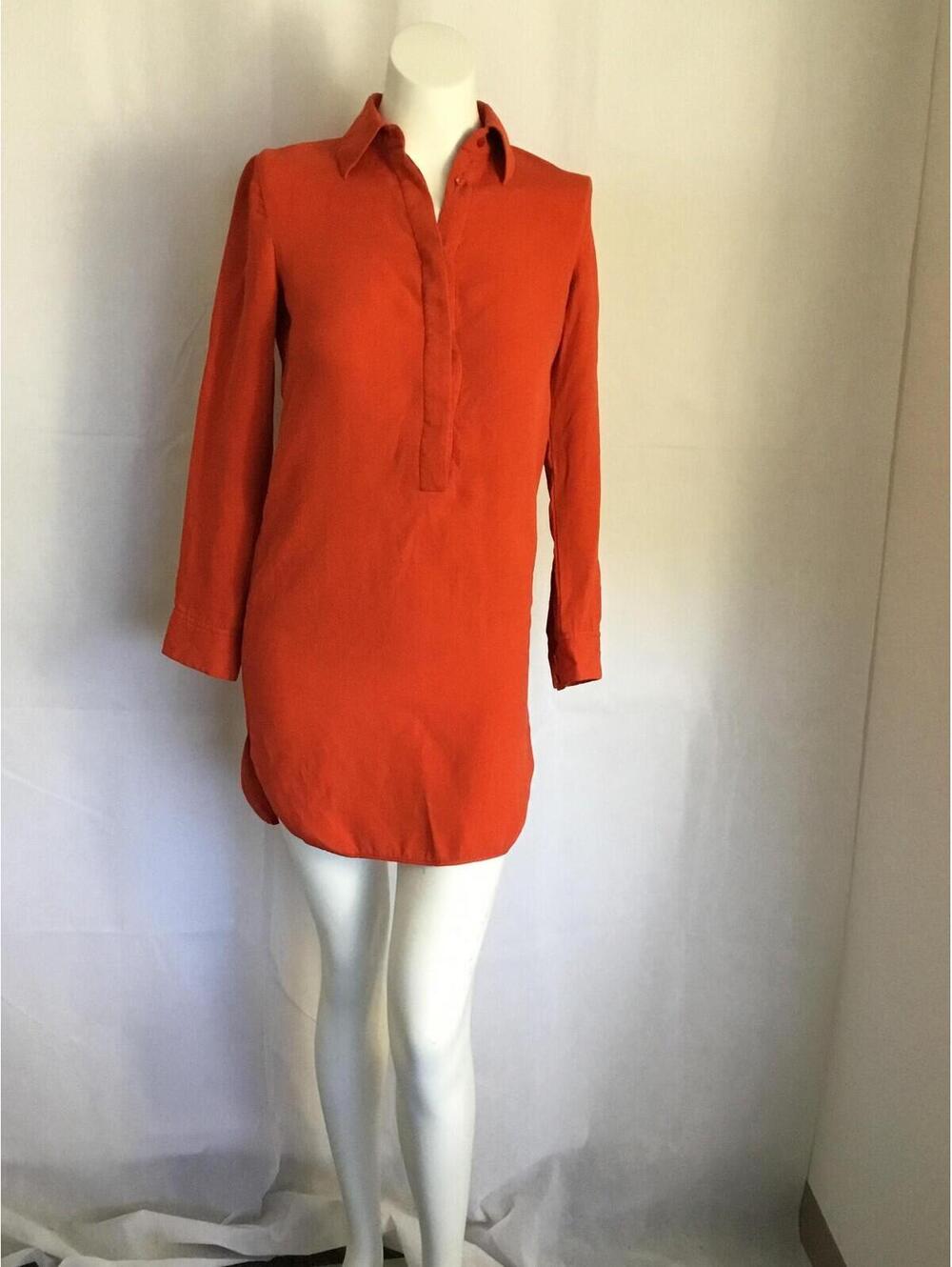 [398]Vince Dress Womens 2 Orange Collared Long Sleeve Shirt Mini Popover Casual